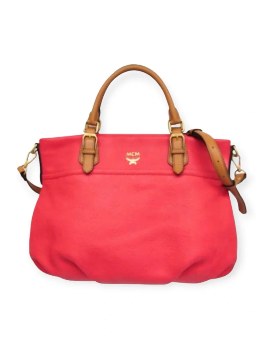 MCM Orange Embossed Leather Convertible Two-Way Handbag Shoulder Bag